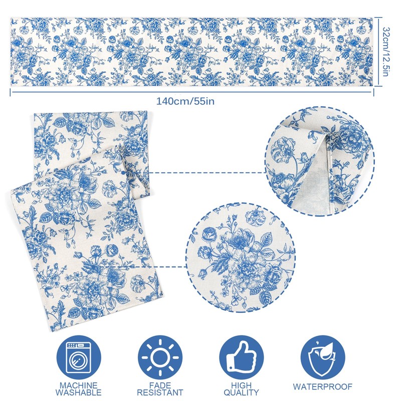 Dremisland Blue Table Runner Farmhouse 55 Inch Retro Monochrome Sketch