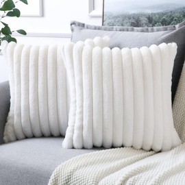 Urban Funk Collective - Pack of 2 Double-Sided Faux Rabbit Fur Plush Decorative Throw Pillow Covers 18x18'' (45x45cm) Super Soft Cozy Fluffy Striped Pillowcase Cushion Covers (White)