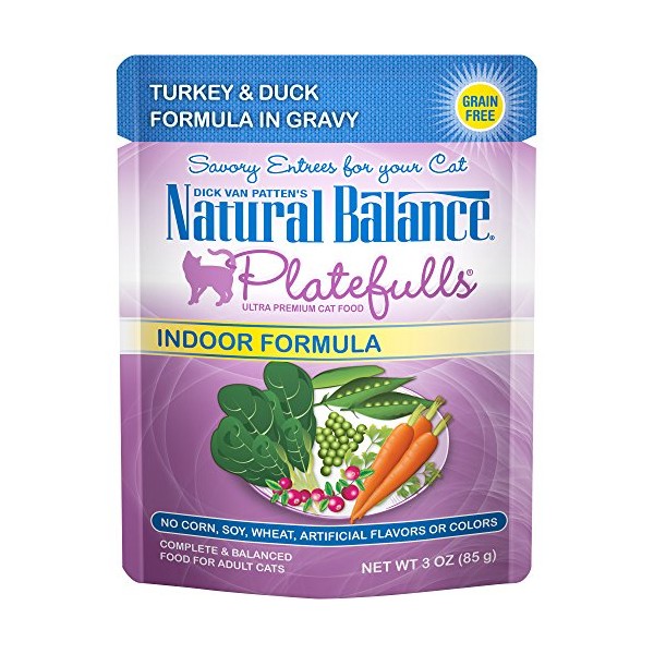 Natural Balance Platefulls Indoor Turkey & Duck Cat Food in Gravy | Premium Grain-Free Wet Food for Indoor Cats | 3-oz. Pouch (Pack of 24)