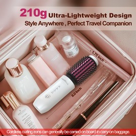 Youbella Cordless Hair Curling Iron Brush, Mini Travel Hot Straightener Comb, 3-in-1 Portable Wave Curling Wand, 1.5″ Ionic Heated Brush, USB Rechargeable Hair Curler, White