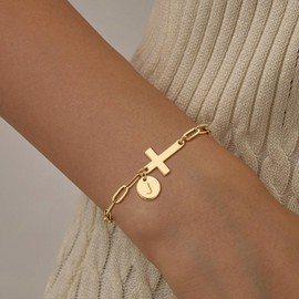 Gold Cross Initial Bracelet for Women Christian Gifts Dainty Link Chain Cross Charm Bracelets Religious Communion Gifts Easter Basket Stuffers