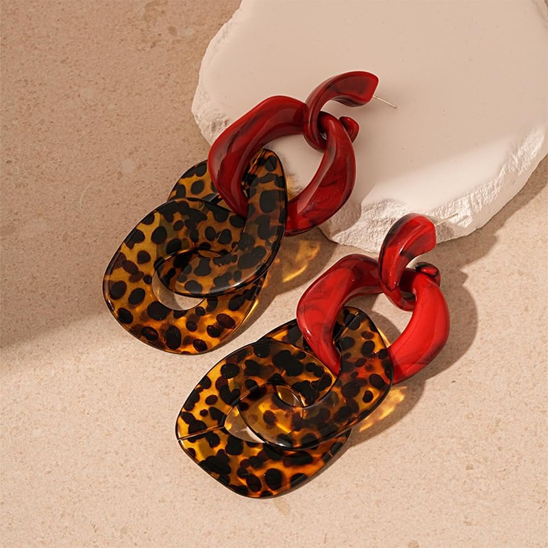 Kercisbeauty Red Leopard Print Acrylic Resin Chunky Earrings Big Statement