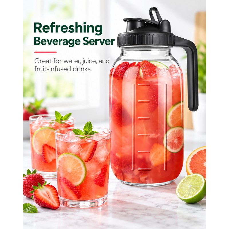 64 oz Glass Pitcher with Airtight Lid – Wide Mouth