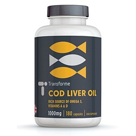 Transforme Cod Liver Oil Capsules 1000mg High Strength 180 Omega 3 Softgels, EPA DHA Vitamins A & D3, 6 Month Supply, Gluten Free