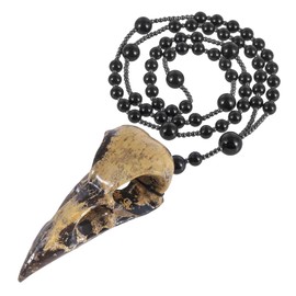 Nupuyai Carved Grass Flower Jasper Stone Raven Skull Necklace, Norse Viking Crow Skull Pendant Beaded Necklace for Men Women with Adjustable Cord
