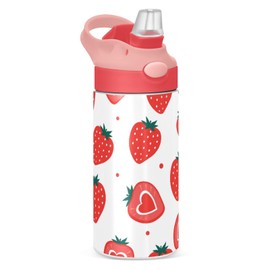 Strawberry Cute Kids Water Bottle with Straw Insulated Stainless Steel Drink Bottle for Girls School 350ml Leakproof Vacuum Hot Cold Water Flask