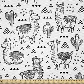 ABAKUHAUS Llama Fabric Sold by the Metre, Doodle Alpaca Design, Silky Satin Fabric for Sewing Home Textiles, 2 m (148 x 200 cm), White / Black