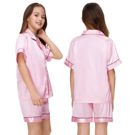 ALHAVONE Kids Girl Pajama Set with Headband Blindfold Hair Tie Toddler Boy Girl Satin Silky Button-up Pajama Sleepwear (Pink-short, 140)