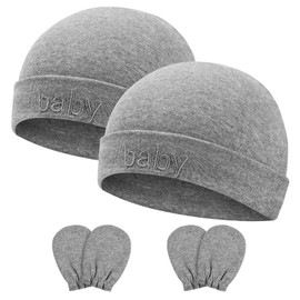 Aolso Newborn Baby Hat, 4-Piece Baby Hat and Gloves Set, Cotton Baby Hat, Baby Hat Boys Girls, Warm Baby Hat for Newborn, Grey