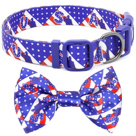 BiPawTi American Flag Dog Collar with Bowtie, 4th of July Dog Collar Holiday Pet Gift, Blue Pride Patriotic Dog Collar, USA Dog Collar for Independence Day, Memorial Day, Flag Day - M