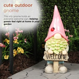 Alpine Corporation 19" Tall Outdoor Red Hat Holding “Welcome” Sign Gnome Statue, Stylish Weatherproof Garden Decor