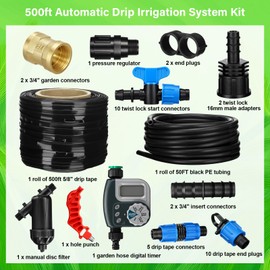 Treela 500ft Automatic Drip Irrigation System Kit for Watering Row Crops, Garden Watering Misting System with 5/8 inch Drip Tape Water Timer and Accessories, Waters Upto 10 20' Rows
