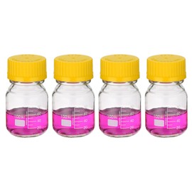 PATIKIL 4 Pack Reagent Media Storage Bottles, 100ml Borosilicate Glass Graduated Round Bottles with GL32 Yellow Screw Cap for Lab Water Reagent Liquids, Clear