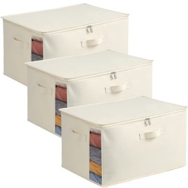 3-Pack Large Canvas Comforter Storage Bags for Clothes Sweater Clothes Organizer with Dual Zipper Three Carrying Handles for Blanket Closet Storage Container