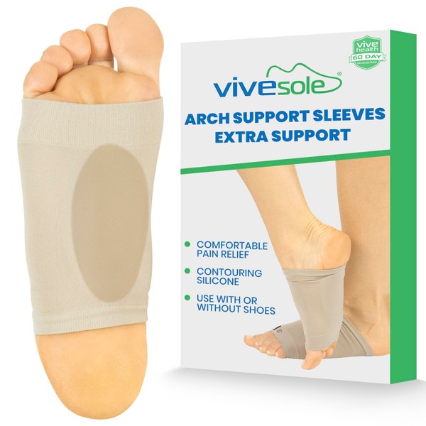 VIVEsole Arch Support Sleeve - Cushioned Metatarsal Compression - Gel Pad For Plantar Fasciitis, Flat Foot Pain Relief, Heel Spurs, Fallen Arches, Men, Women - Soft Elastic Foot Brace