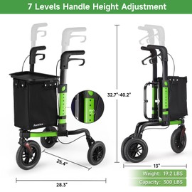 Ambliss 3 Wheel Walkers for Seniors, Lightweight Foldable Aluminum Three Wheels Walkers, Height Adjustable 10" Front Wheel Rollator Walker with Tray and Storage Bag, Green