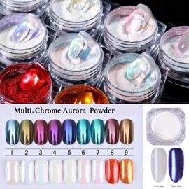 9 Colors White Pearl Chrome Nail Powder, Metallic Mirror Effect Chrome Powder, Auroras Mermaid Chrome Nail Powder for Nail Art Gel Polish Manicure, Holographic Glitter Dust Nail Art Pigment