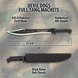 Devil Dogs Full Tang Machete with Sheath Military - Black Handle | AUS-8 Stainless Steel | 17 ¾” Razor Sharp Blade | Sawback Serrations & Gut Hook | No Slip Handle | Two-Toned Finish - 25" Length
