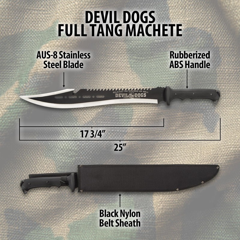 Devil Dogs Full Tang Machete with Sheath Military - Black