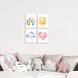 GMLXCX Framed Girls Rainbow Canvas Wall Decor Set of 4, Watercolor Sun Cloud Heart Wall Decor Prints, Kids Sunshine Painting for Classroom Kids Room Baby Room Bedroom Dormitory Decor 8''X10''