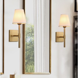 Pathson Set of 2 Bathroom Wall Sconces with White Fabric Shade, Cloth Wall Mounted Lighting for Living Room Bedroom Hallway Brass Finish Base