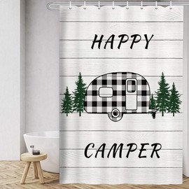 MERCHR Happy Camper RV Shower Curtain, Buffalo Plaid Check Trailer with Trees On Farmhouse Rustic Gray Wooden Fabric Shower Curtain Accessories for Travel Trailers Bathroom Decor, 36 x 72 Inches
