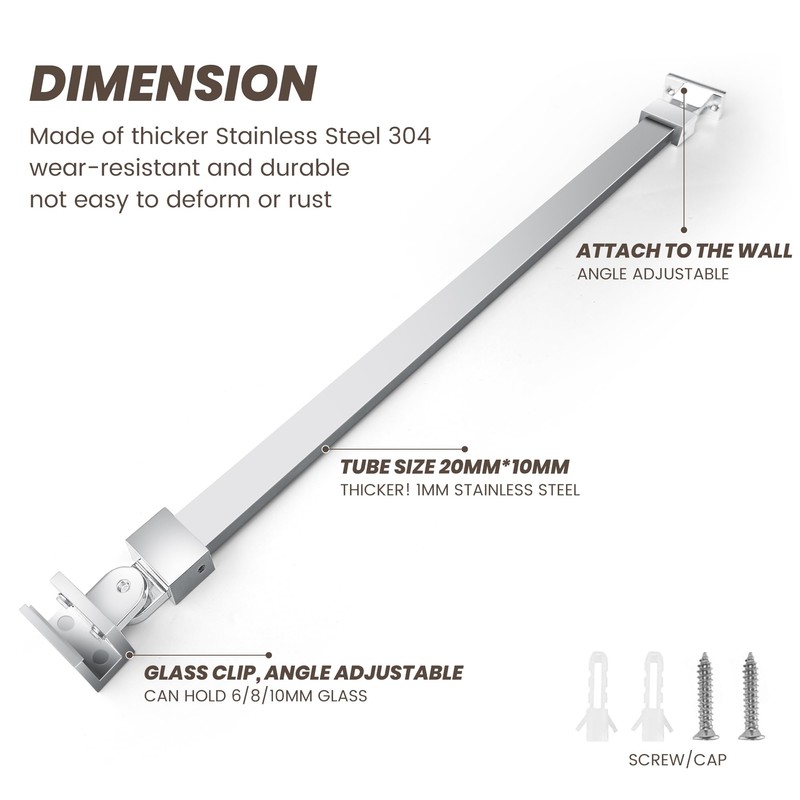 Stainless Steel Shower Rod, Wall-to-Glass Brace for 1/4" & 3/8"