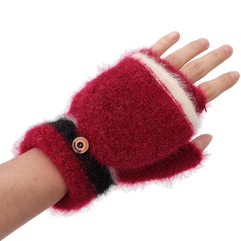USB Heated Gloves Half Fingerless Flip Burgundy Double Sided Knit