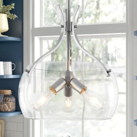 ZLNIDJIA 15.7" Large Glass Chandelier, 3-Light Industrial Farmhouse Chandelier, Black Round Pendant Light Fixture with Glass Shade for Dining Room Kitchen Sink Hallway Entryway