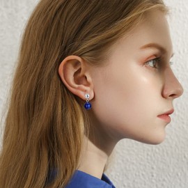 925 Sterling Silver 8 mm Beaded Round Ball Dangle Earrings Birthstone Jewellery Gifts for Women, Sterling Silver, Lapis Lazuli