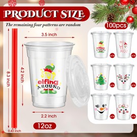 Zhehao 100 Set 12 oz Christmas Plastic Cups with Lids and Straws Xmas Plastic Cups Plastic Coffee Cups with Lids Straws Disposable Plastic Cups for Holiday Party Drinks