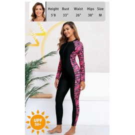 ALLTOKE Womens Full Body Zip Front Rash Guard Long Sleeve One Piece Bathing Suit with Built in Bra UPF50+ Surf Swimsuit Black Rose Red Zebra 2XL