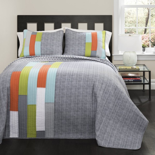 Lush Decor Shelly Stripe Quilt | Modern Geometric Pattern Reversible 2 Piece Bedding Set - Twin - Orange & Gray