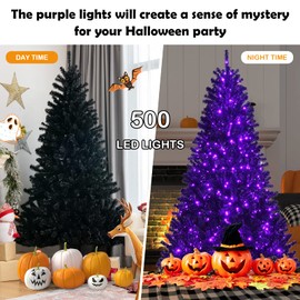 DORTALA Pre-lit Christmas Tree, 7FT Artificial Xmas Tree with 500 Purple LED Lights, 1096 Branch Tips, Foldable Metal Stand, Black