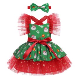 Christmas Pageant Outfit: Fancy Christmas Dresses for Girls, Toddler Princess My First Christmas Outfit Ruffle Backless Costume Romper Santa Tutu Dress Headband Newborn Clothes Set Emerald Green 2-3T