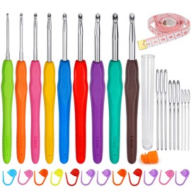 ZGTS Crochet Hooks Set, 9PCS Aluminum Knitting Needles Kit Ergonomic Soft Grip Handle for Arthritic Hands with Measuring Tape Stitch Markers and Sewing Needles