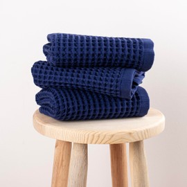 PÜSKÜL Waffle Kitchen Towels - Premium 100% Turkish Organic Cotton Ultra Soft Quick Dry Absorbent Lint Free Hand Dish Towel 32X16 Inches (3, Navy Blue)