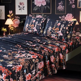 MAG 4Pcs Floral Queen Size Sheet Sets,Black Vintage Bedding Sheet Set,Boho Flower Pattern Bed Sheets Included 1 Fitted Sheet 14'' Deep Pocket +1 Flat Sheet + 2 Pillowcases,Breathable and Wrinkle.