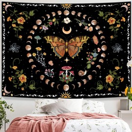 Simpkeely Butterfly Moon Phase Tapestry, Botanical Floral Plant Boho Mushroom Wall Hanging Tapestries, Vintage Aesthetic Tapestry for Bedroom, Living Room - 70.9" x 90.6"