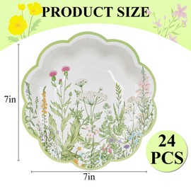 AimFun 24Pcs Wildflower Dessert Paper Plates Floral Disposable Party Plates Garden Botanical Green Leaves Herbs 7" Scalloped Plate for Baby Bridal Shower Tea Party Supplies (24)
