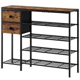 UNITSTAGE 5-Tier Shoe Rack with 2 Fabric Drawers, Metal Frame and Wooden Board Shoe Organizer for 16-20 Pairs of Shoes, Shoe Shelf with Boots Storage for Entryway Closet Rustic Brown