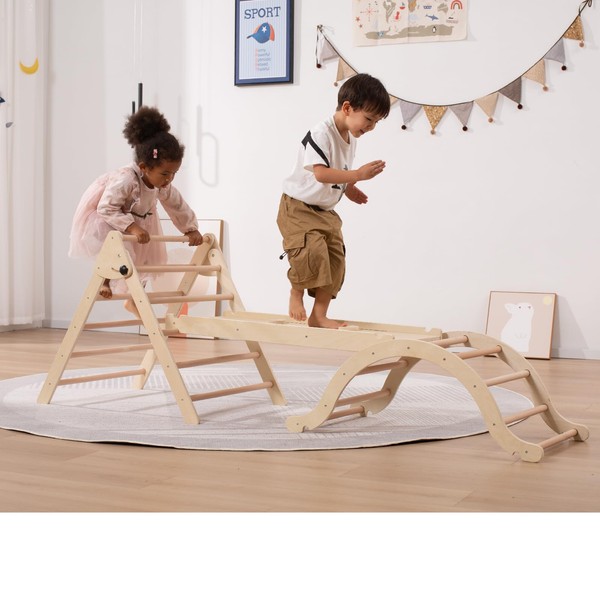 Giant bean Medium Foldable Pikler Triangle Set with Sliding Ramp & Climbing Arch Ramp, 5-in-1 Wooden Toddler Climbing Toys Indoor,Playground Jungle Gym for Kids Age 2-5, Montessori Climbing Set