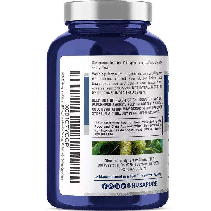 NusaPure White Mulberry Leaf Extract 5,000mg 180 Veggie Caps Non-GMO