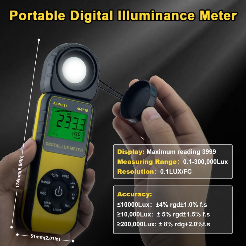 AIOMEST AI-881E Digital Light Meter, Handheld Foot Candle Meter for