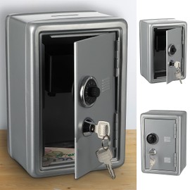 Money Box Safe with Money Slot │ Metal 12 x 18 x 10 cm Silver │ 2 Keys Combination Lock (1 x Money Box Safe Silver)