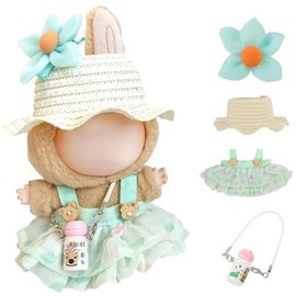 17cm Doll Clothes | Fashion Kawaii Chic Summer Set for Dolls | 4-Piece Outfit with Straw Weave Sun Hat, Floral Decor, Green Floral Dress & Mini Water Kettle (NO Doll)