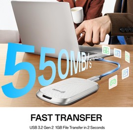 PHIXERO P5PLUS Portable SSD 1TB Up to 550MB/s, USB 3.2 Gen 2 External Solid State Drive，USB C to C&A for Smartphone，Tablet，PC，Labtop (White)