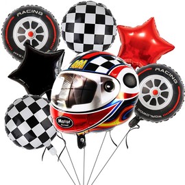 Race Car Helmet Balloons, Wheels Tire Birthday Party Supplies, Black and White Foil Checkered Balloons, Boys Bicycle Motorcycle Truck Theme Party Decorations 7 Pcs