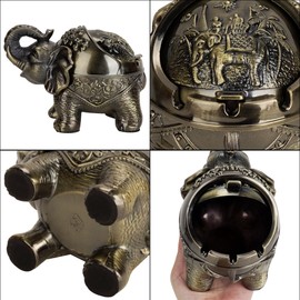 Ashtray with Lid for Outside Patio - Vintage Elephant Design, Windproof Metal for Indoor Outdoor Use, Decorative Smoking Accessory, Gift for Men Women, Bronze Finish