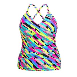 Ocean Blues Women's Neon Striped Push Up Swimuit Top Vneck Tankini Top Only Size XX-Large